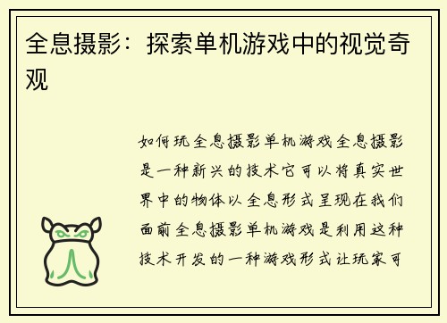 全息摄影：探索单机游戏中的视觉奇观